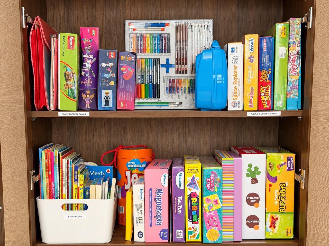 Labelled kids' games, books and art supplies on shelves